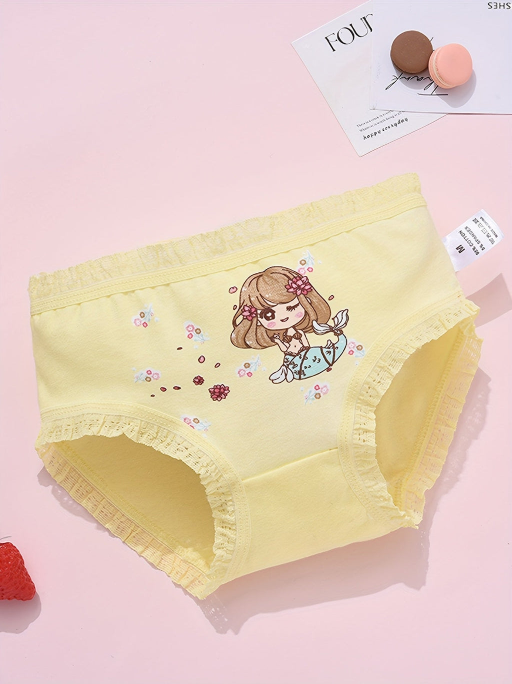 Girls' Mermaid Cotton Briefs 4-Pack in Pastel Colors with Ruffled Edging for Everyday Underwear Changes