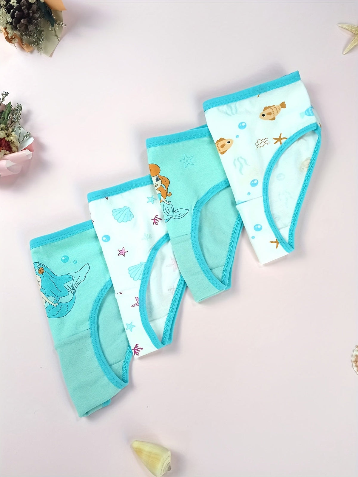 Girls' Mermaid Cotton Briefs 4-Pack in Pastel Colors with Ruffled Edging for Everyday Underwear Changes