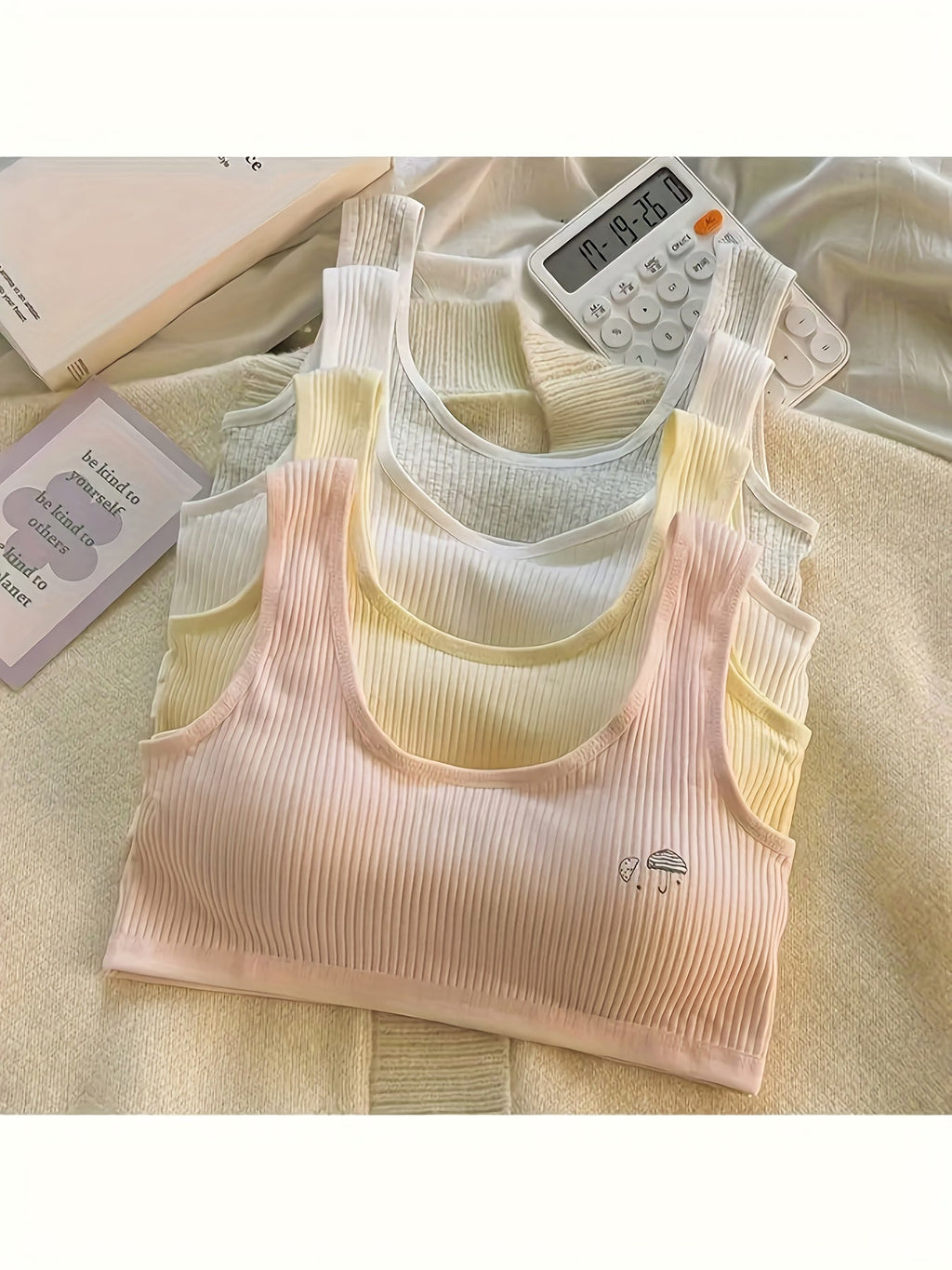 Girls' Ribbed Training Bras Four Pack with Removable Pads and Small Embroidered Details in Mixed Colors