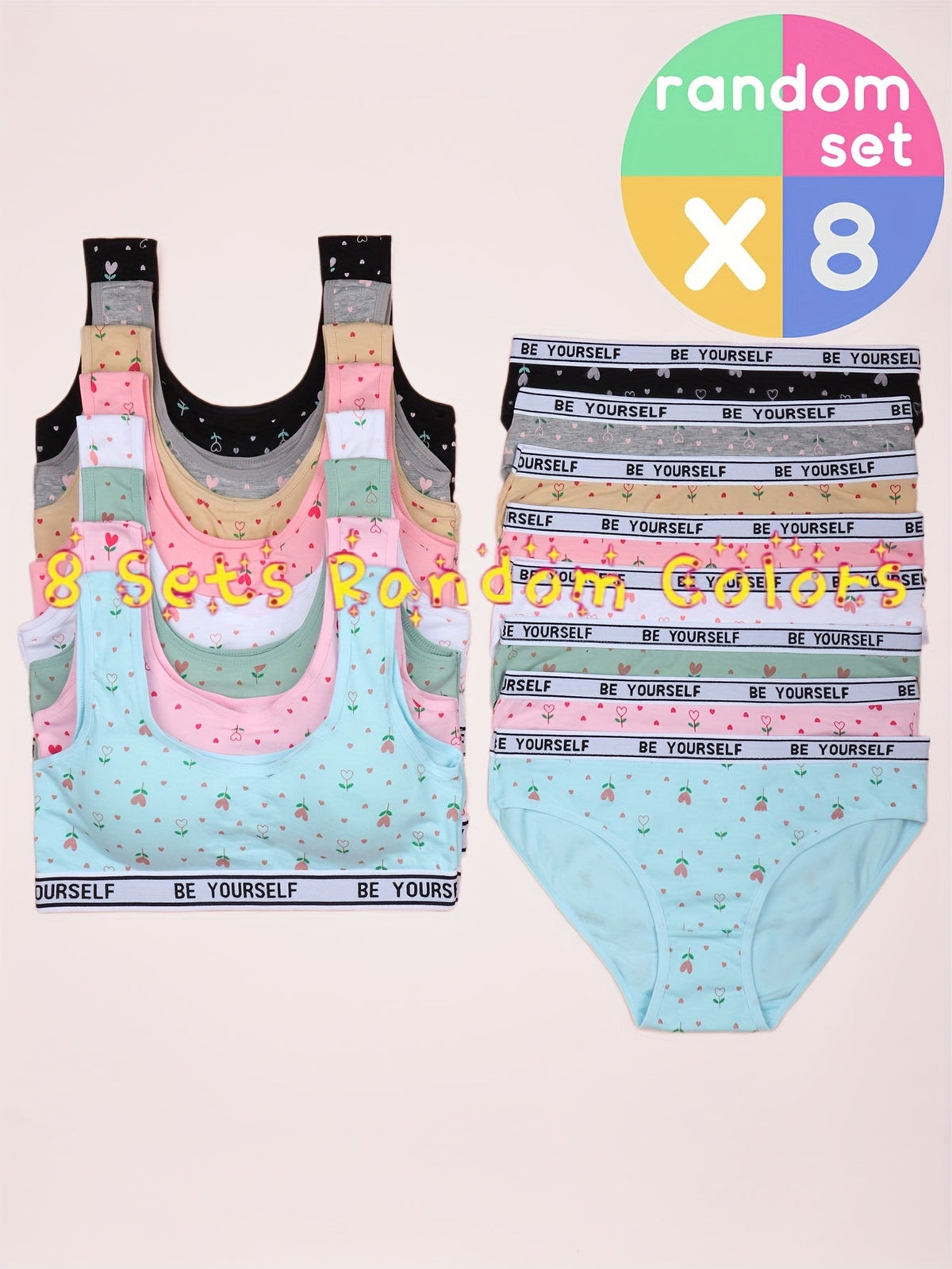 Girls' Eight Training Bra and Brief Sets in Assorted Colors with Heart Prints and Lettered Elastic Bands