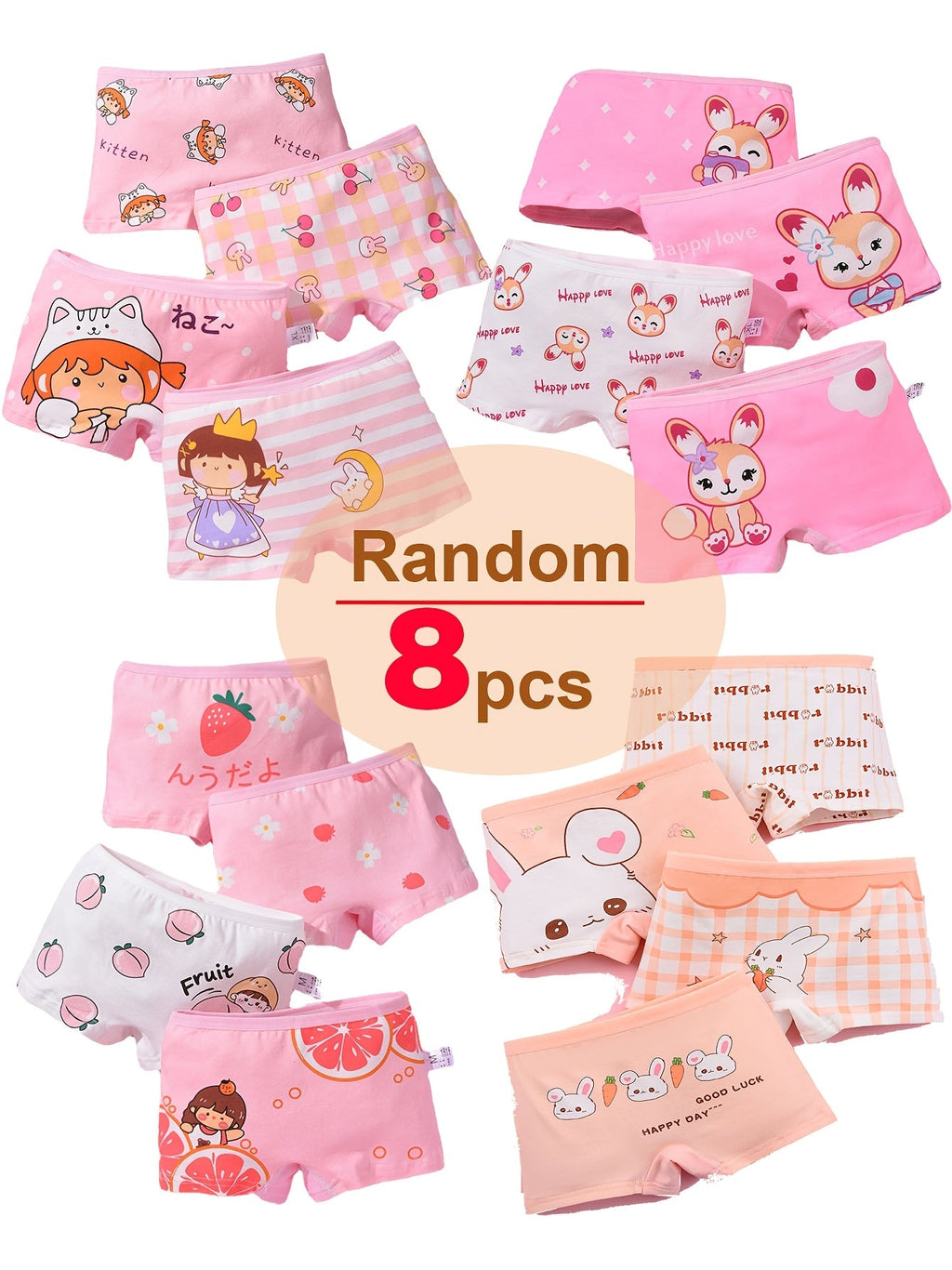 Girls' Cartoon Boxer Briefs 8-Pack in Random Colors with Short Legs for Everyday Underwear Changes