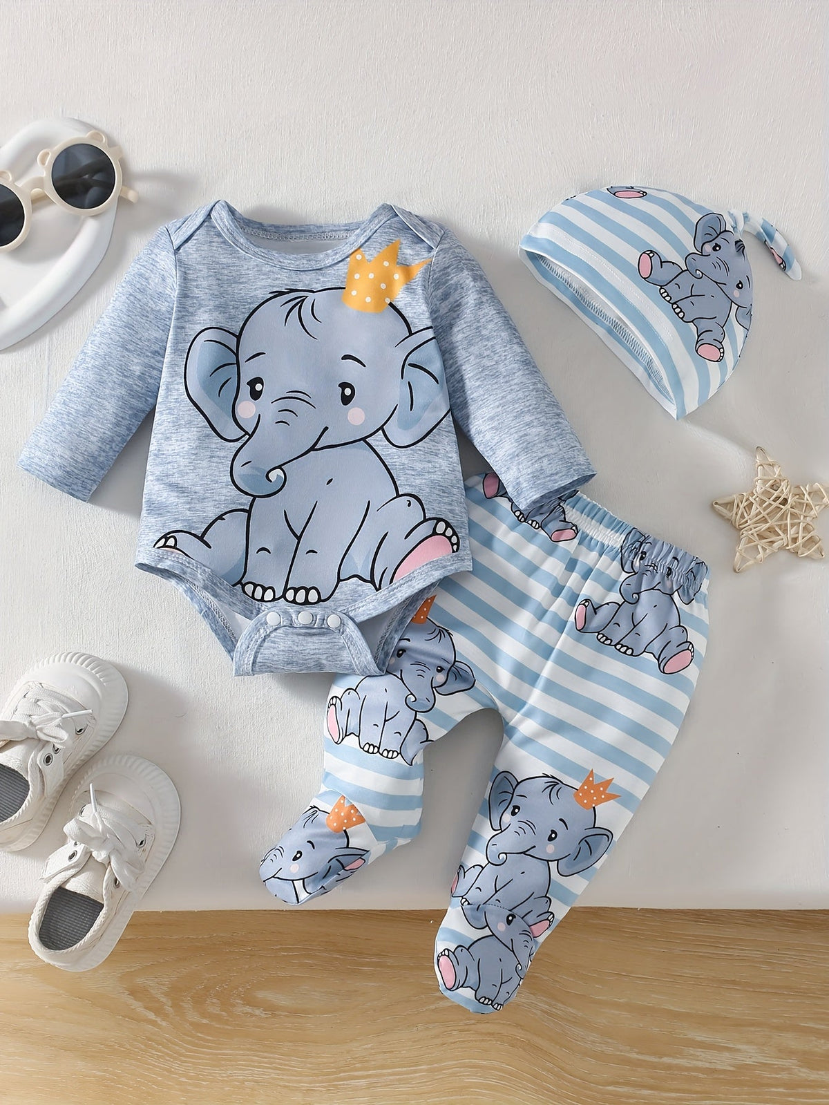 Baby Boys' Elephant Outfit Set in Gray and Blue Stripes with a Long-Sleeve Bodysuit and Footed Pants