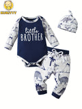 Baby Boy Outfit Set with a Little Brother Bodysuit and Dinosaur Pants in a Matching Three-Piece Design