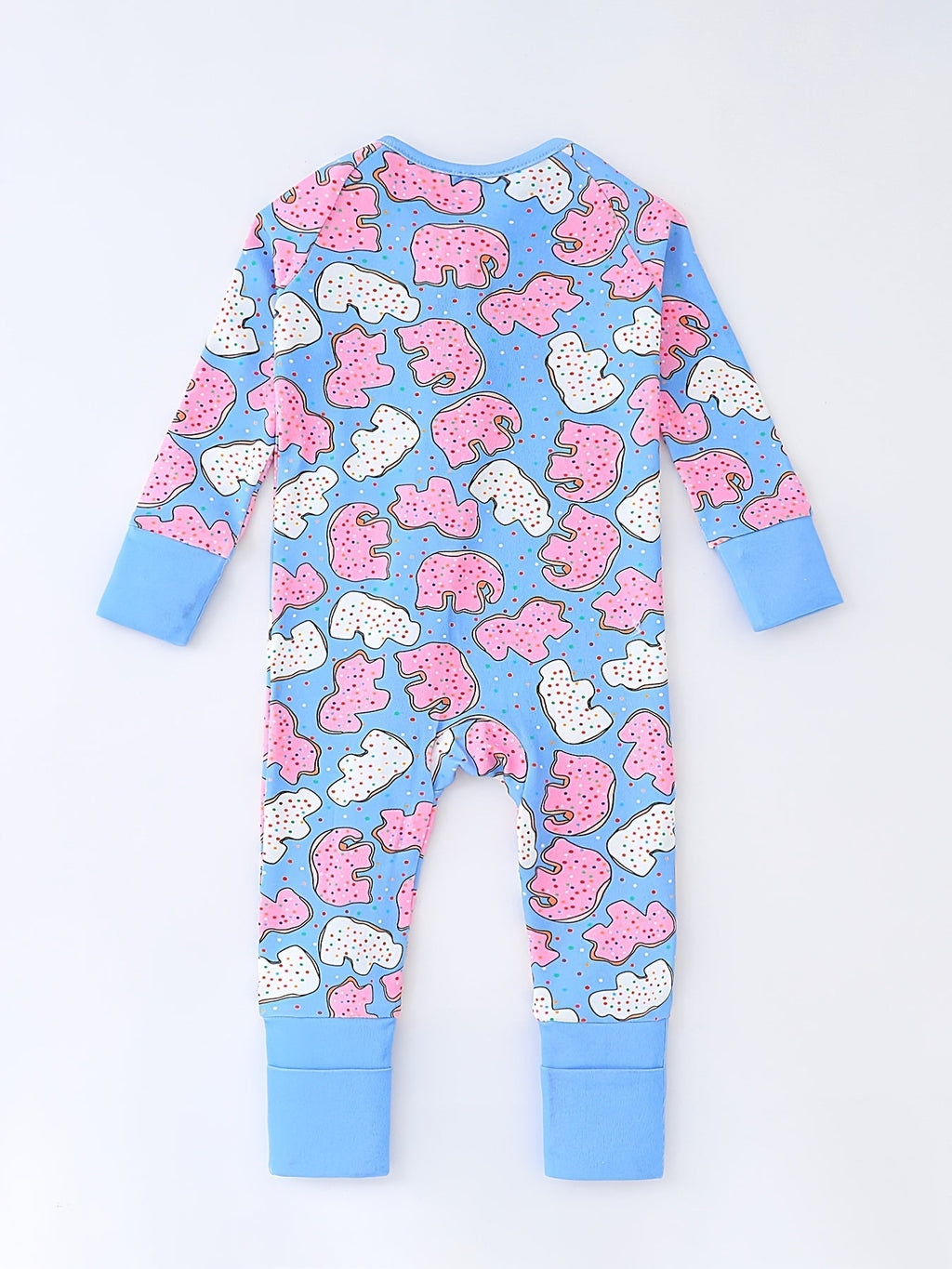 Baby and Toddler Donut Print Zip Romper in Blue with Long Sleeves and Cuffed Ankles for Everyday Dressing