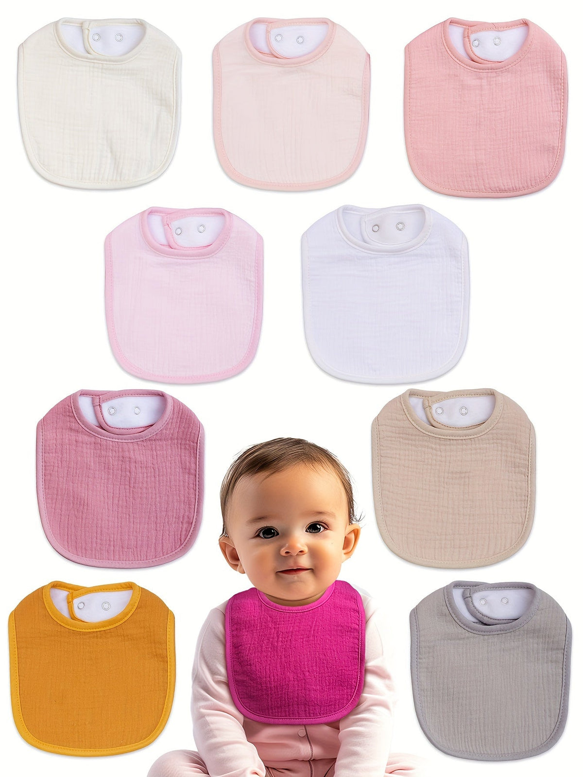 Muslin Baby Bibs in a 10 Piece Multicolor Set with Adjustable Snap Fastenings for Feeding and Drool