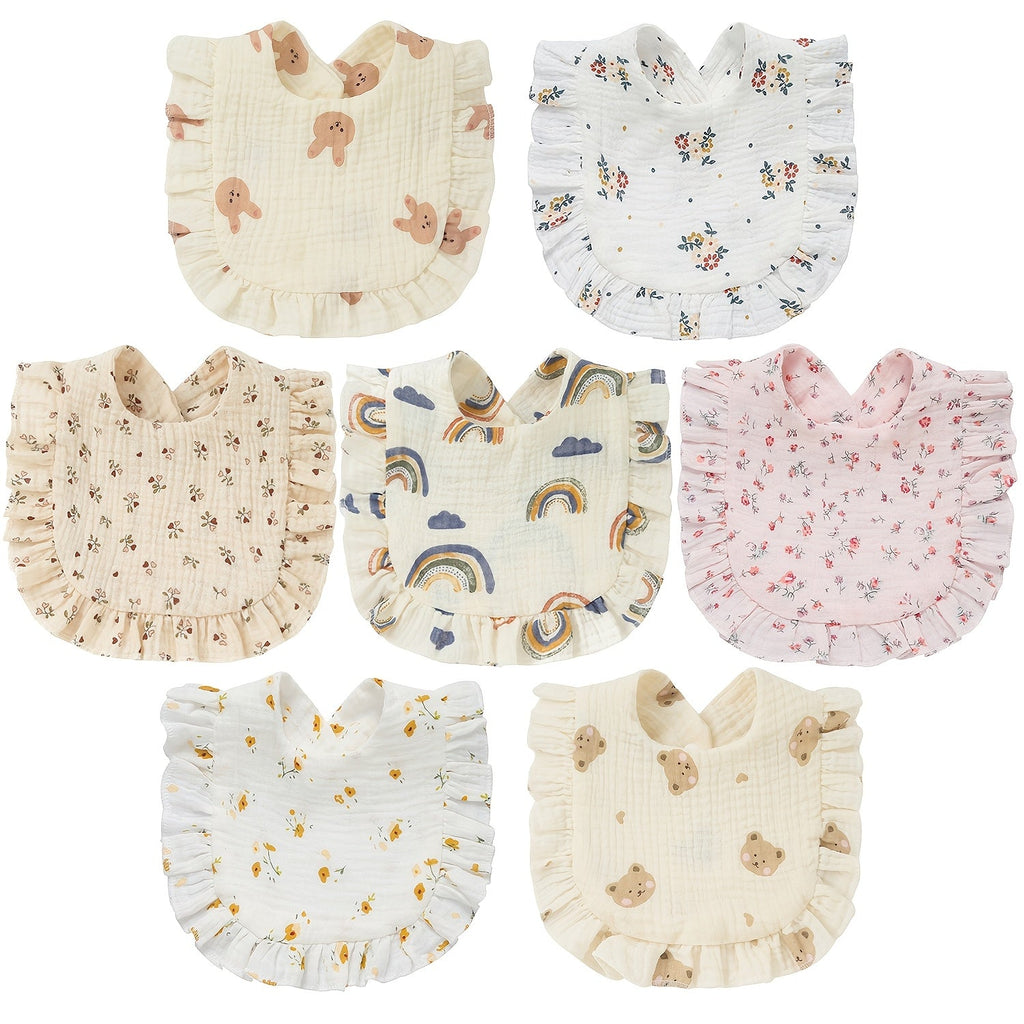 Baby Ruffled Muslin Bibs 7-Pack with Snap Closures and Coordinating Colors for Everyday Feeding and Drool Care