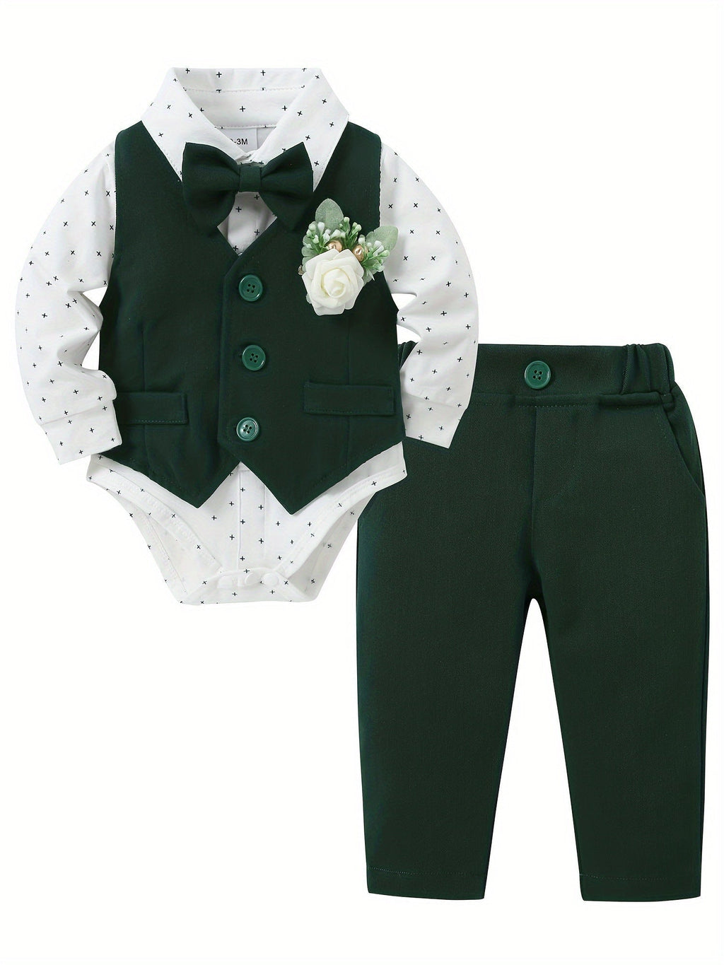 Baby Boy 5-Piece Suit Set in White or Dark Green with a Shirt Bodysuit and Coordinated Formal Accessories