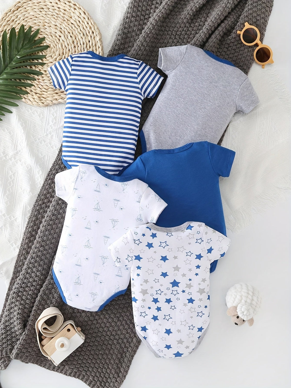 Baby Boy Nautical Bodysuits Five Pack with Anchor Prints and Blue Stripes for Everyday Outfit Changes