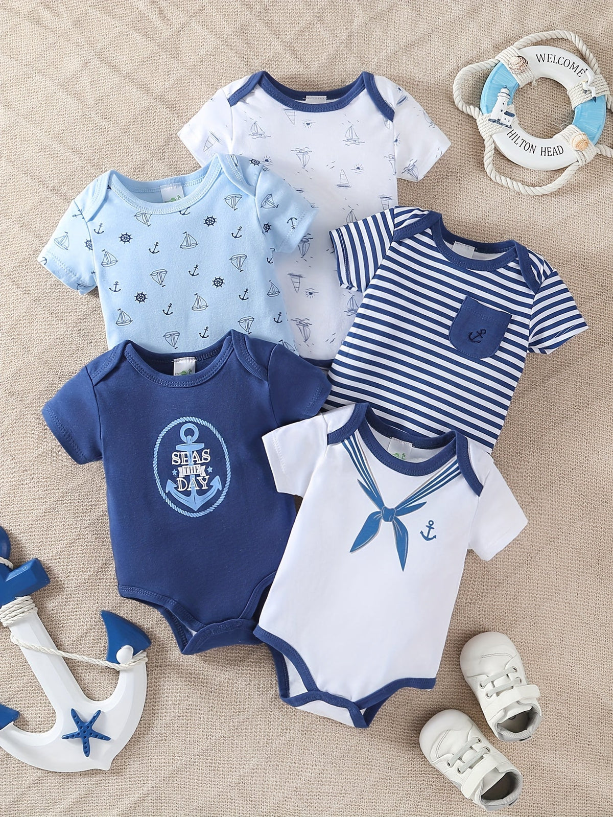 Baby Boy Nautical Bodysuits Five Pack with Anchor Prints and Blue Stripes for Everyday Outfit Changes