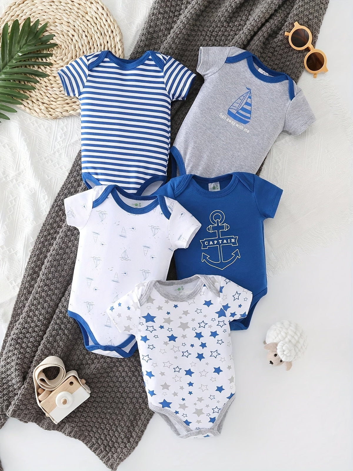Baby Boy Nautical Bodysuits Five Pack with Anchor Prints and Blue Stripes for Everyday Outfit Changes