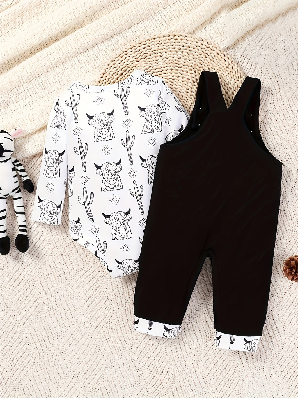 Baby Boy Cow Print Bodysuit and Black Overalls Set with Mama's Little Man Lettering in Size 12-18 Months