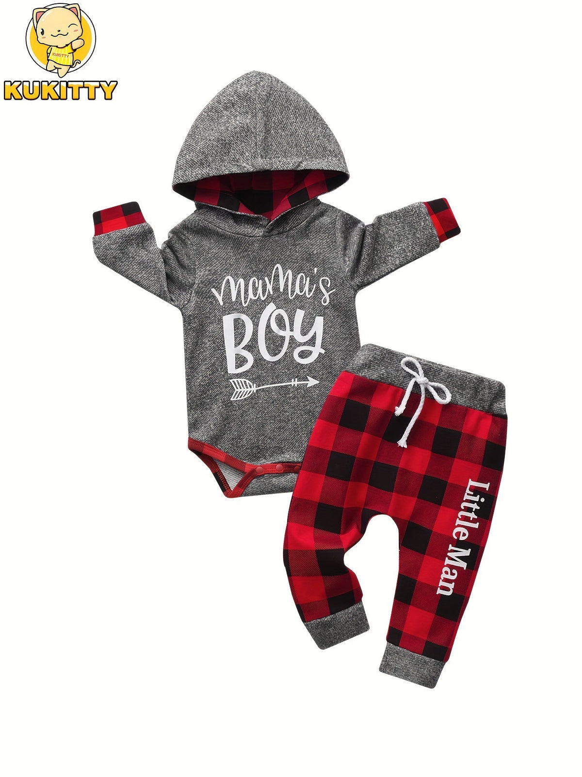 Baby Boy Mama's Boy Hooded Bodysuit and Red Plaid Pants Set with Long Sleeves for Everyday Outfits