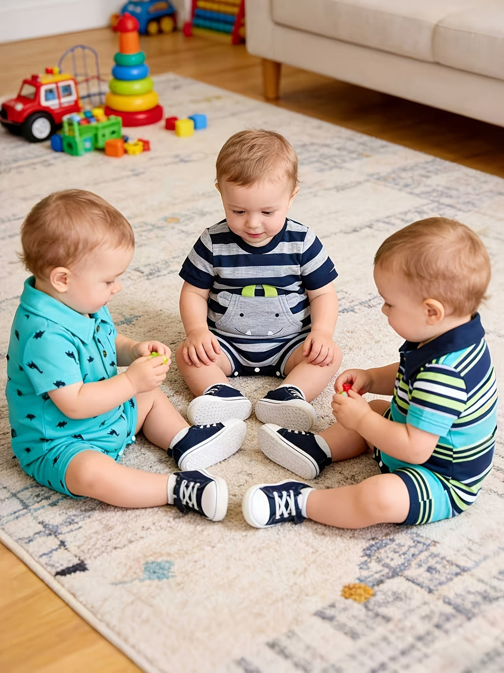 Baby Boys' Short Sleeve Rompers 3-Pack with Stripes and Dinosaur Prints in a Coordinated Summer Mix