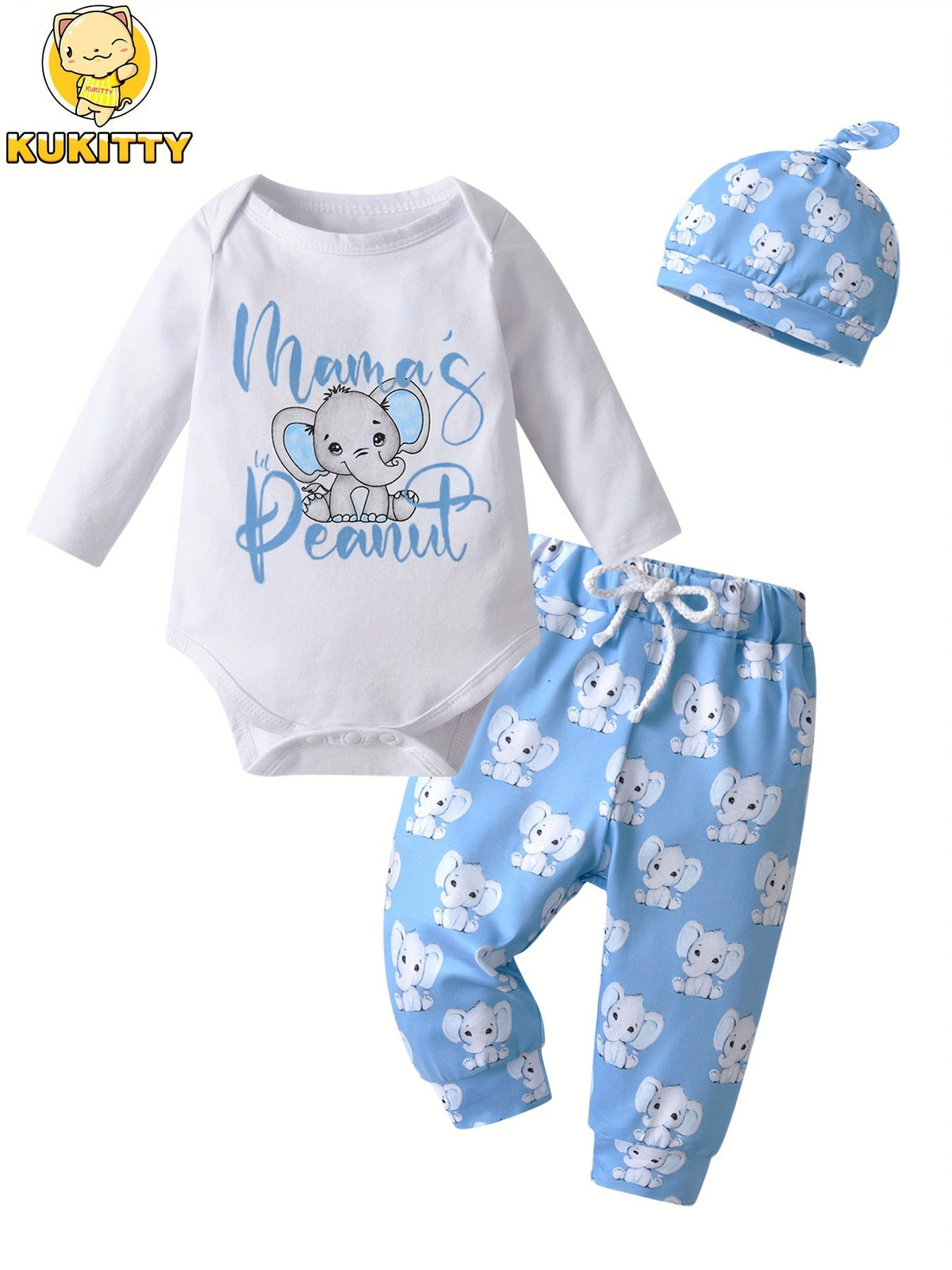 Baby Boys' Elephant Bodysuit, Pants and Hat Set in Blue and White with a Mama's Little Peanut Graphic