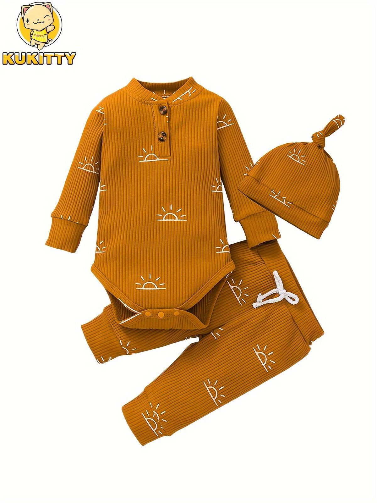 Baby Boys' Sun Print Three Piece Outfit Set Featuring a Ribbed Long Sleeve Bodysuit, Pants and Knotted Hat
