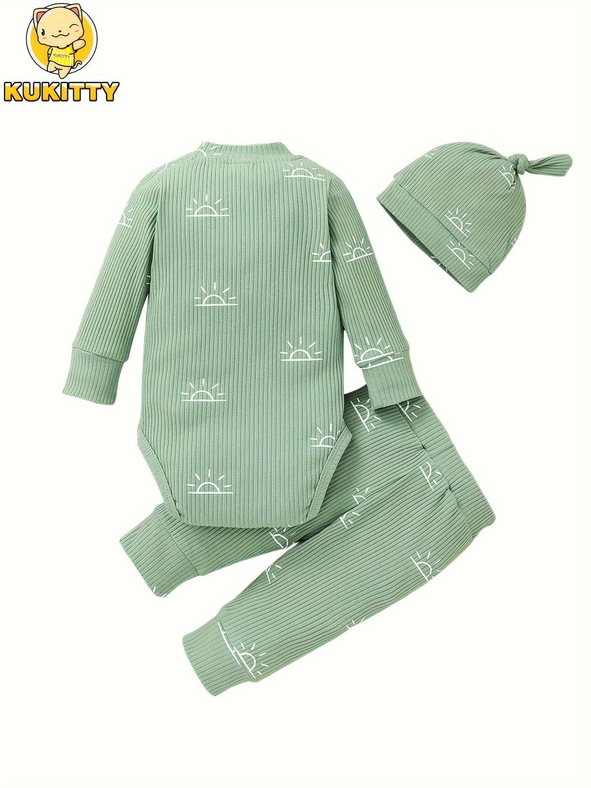 Baby Boys' Sun Print Three Piece Outfit Set Featuring a Ribbed Long Sleeve Bodysuit, Pants and Knotted Hat