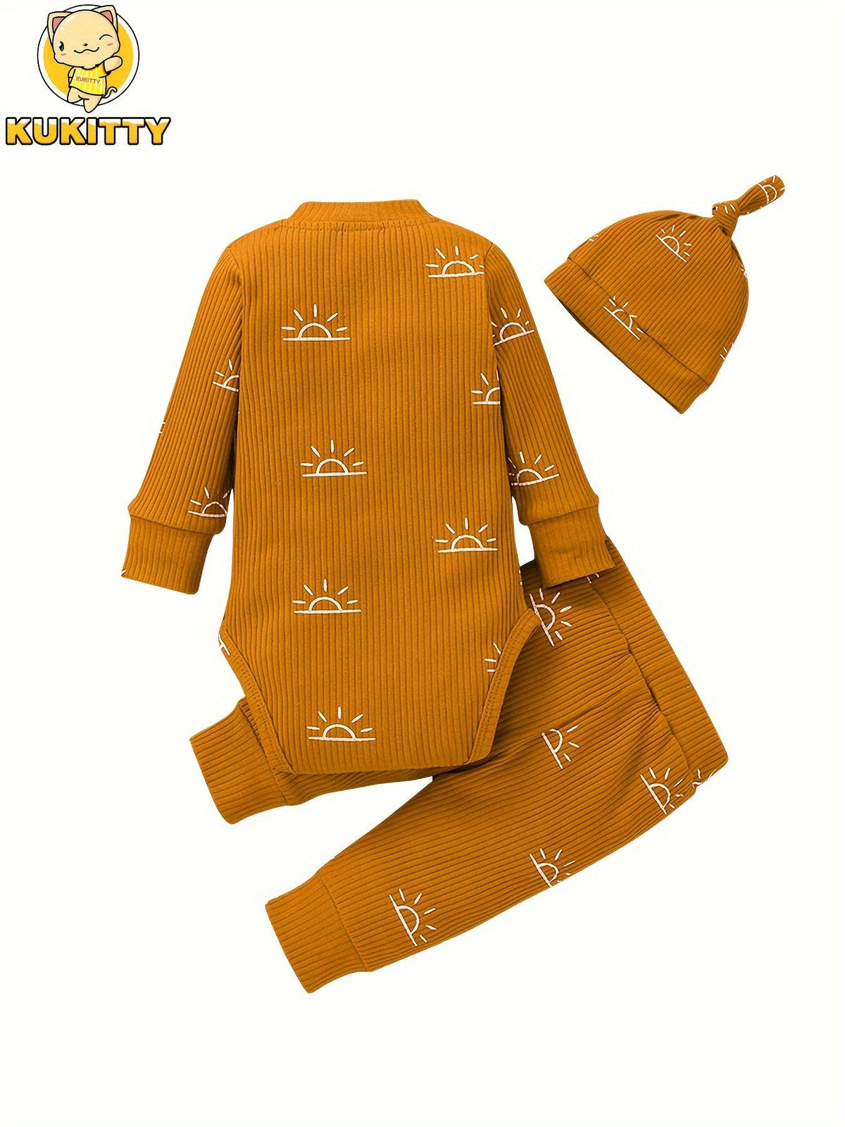 Baby Boys' Sun Print Three Piece Outfit Set Featuring a Ribbed Long Sleeve Bodysuit, Pants and Knotted Hat