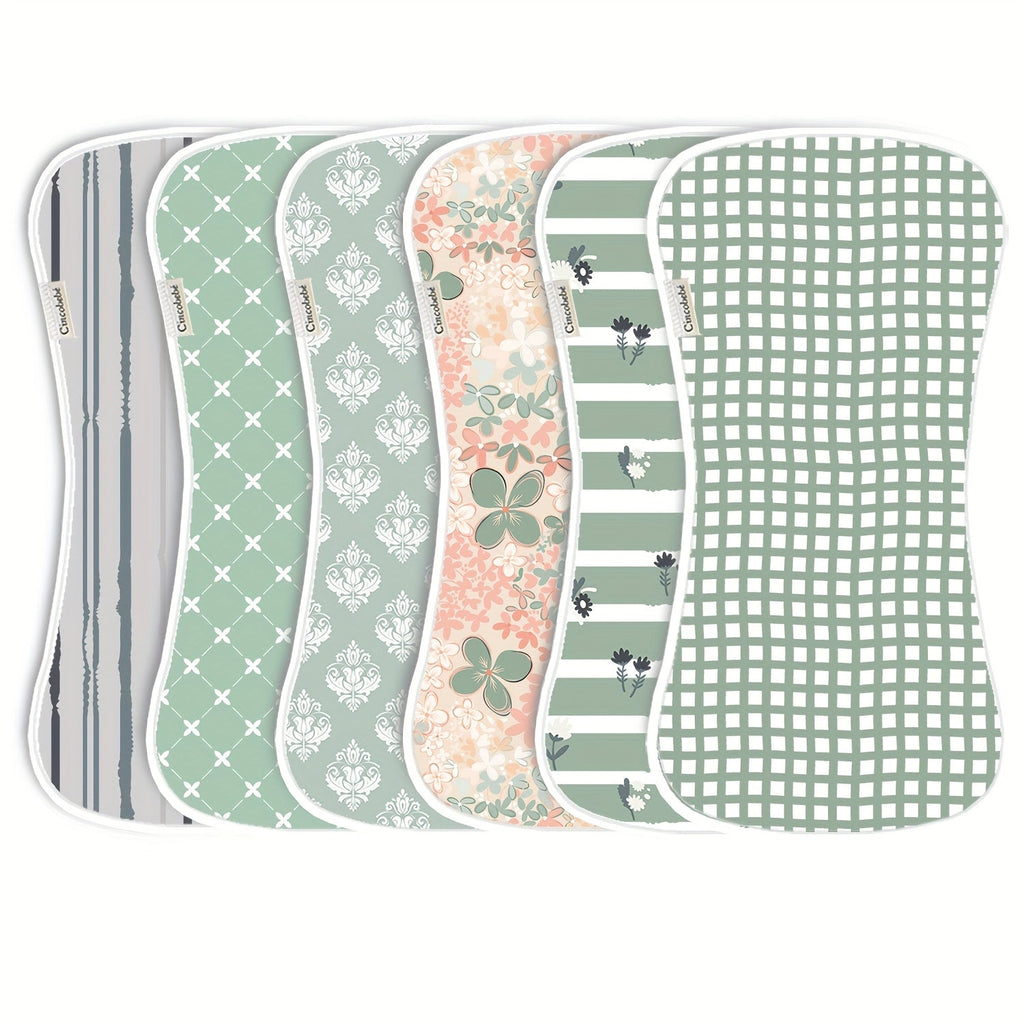 Baby Patterned Burp Cloths 6-Pack with Curved Shoulder Edges in Pink Blue or Green Sets for Daily Feeding
