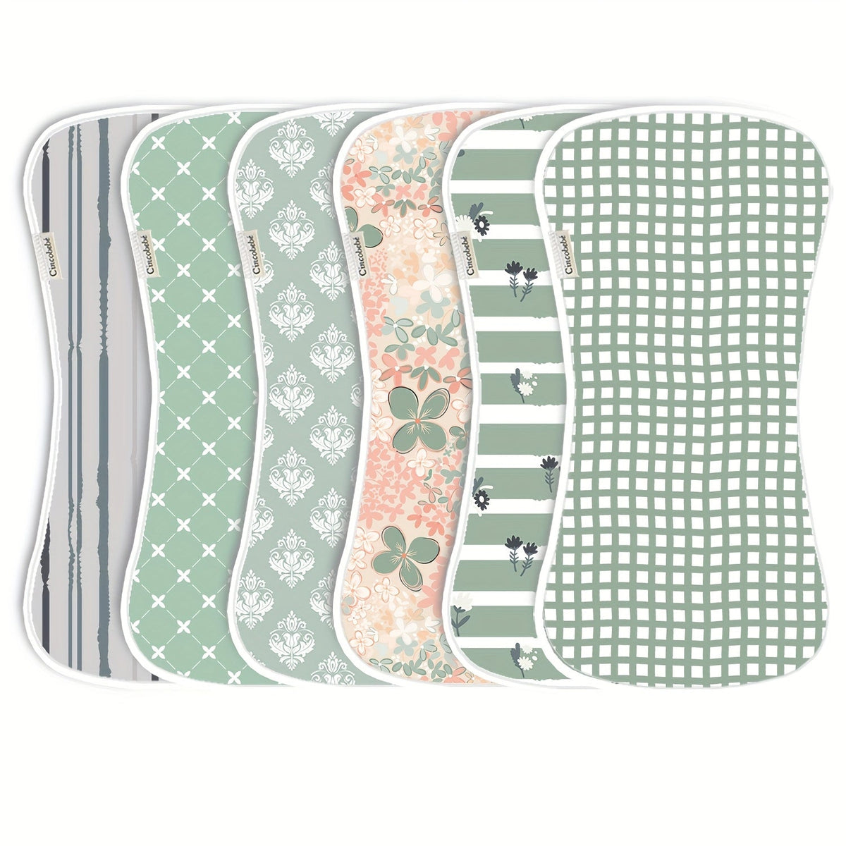 Baby Patterned Burp Cloths 6-Pack with Curved Shoulder Edges in Pink Blue or Green Sets for Daily Feeding