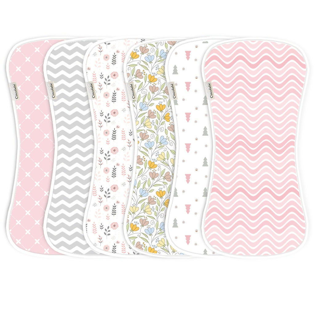 Baby Patterned Burp Cloths 6-Pack with Curved Shoulder Edges in Pink Blue or Green Sets for Daily Feeding