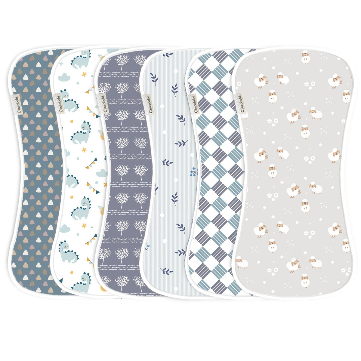 Baby Patterned Burp Cloths 6-Pack with Curved Shoulder Edges in Pink Blue or Green Sets for Daily Feeding