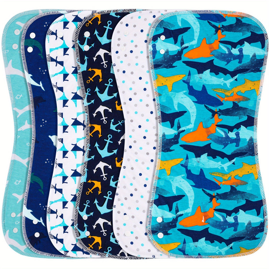 Baby Shark Burp Cloths 6-Pack with Contoured Edges and Blue Printed Designs for Everyday Feeding and Burping
