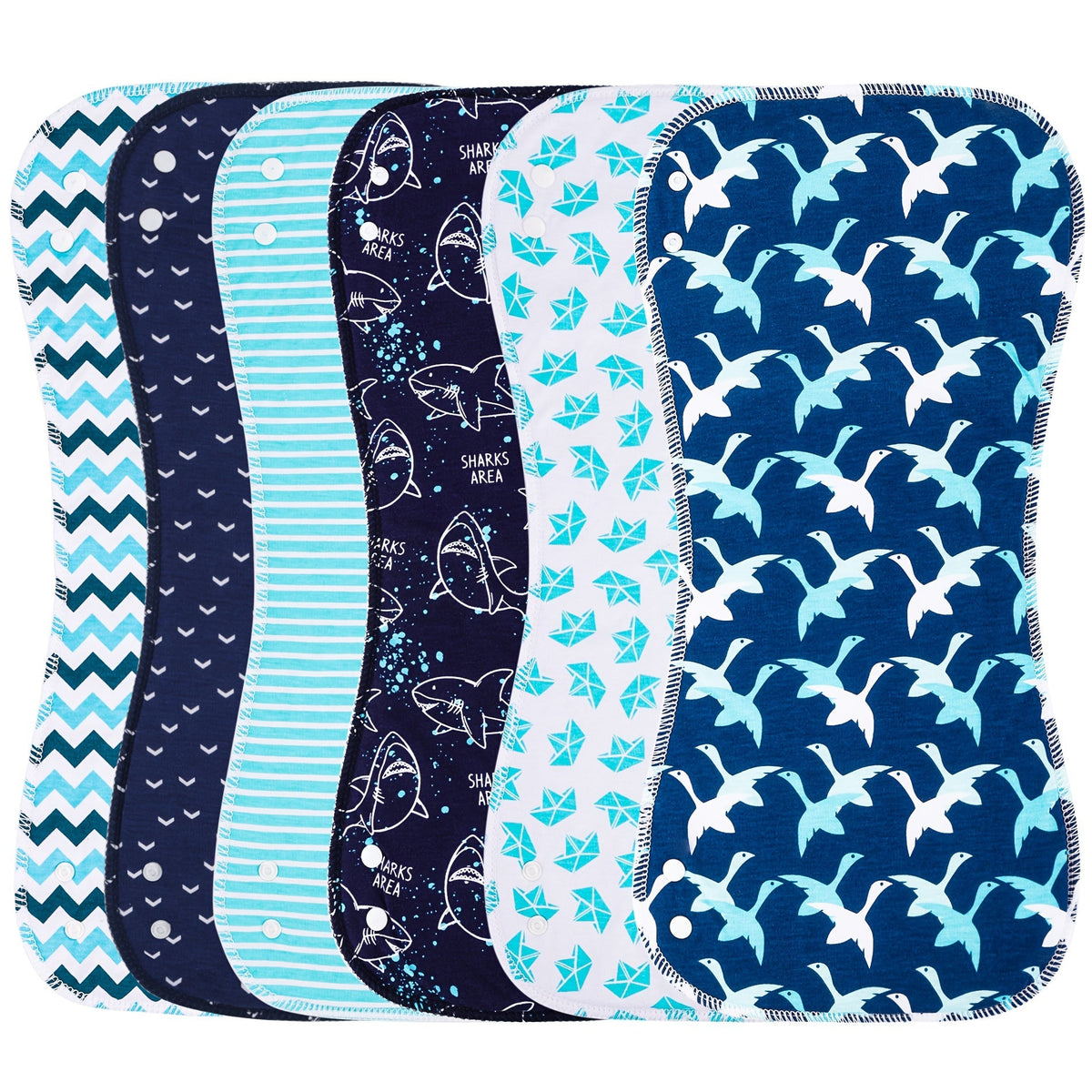 Baby Shark Burp Cloths 6-Pack with Contoured Edges and Blue Printed Designs for Everyday Feeding and Burping
