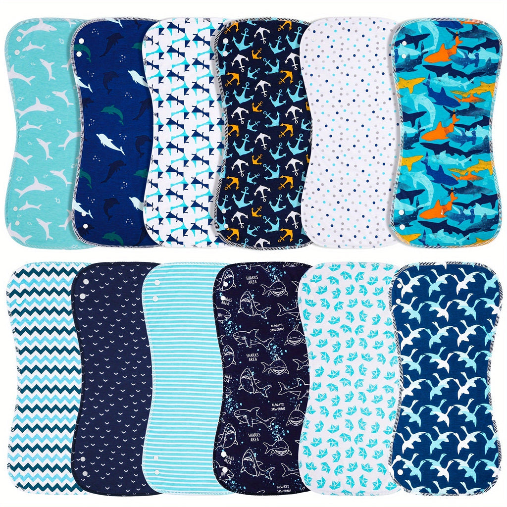 Baby Ocean Print Burp Cloths 12-Pack with Contoured Shoulder Coverage for Everyday Feeding and Burping
