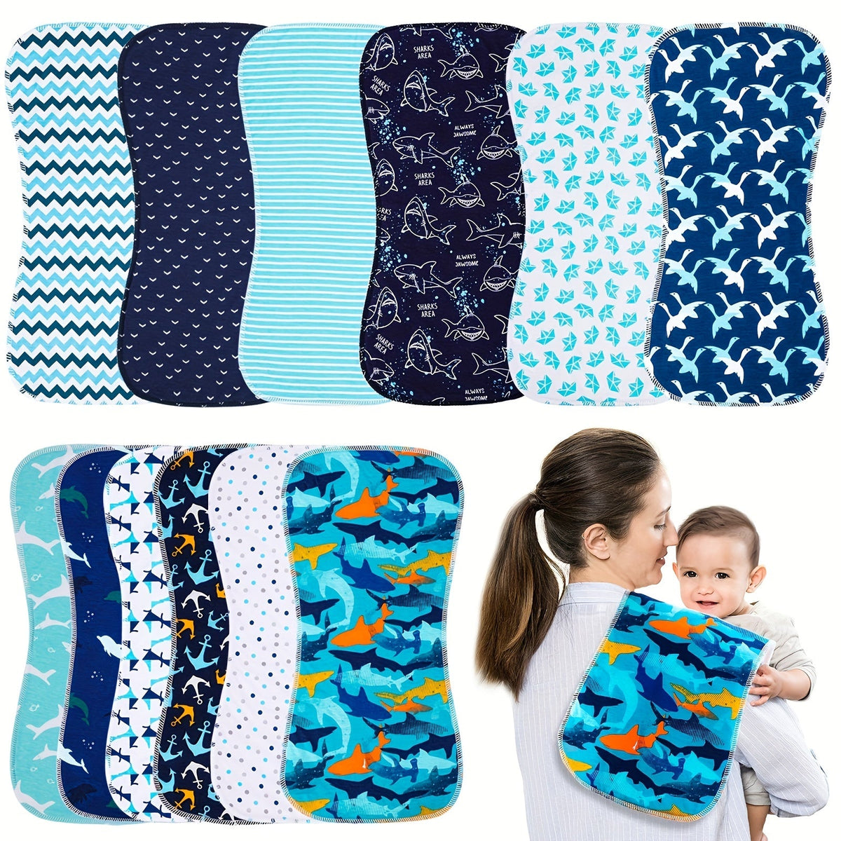 Baby Ocean Print Burp Cloths 12-Pack with Contoured Shoulder Coverage for Everyday Feeding and Burping