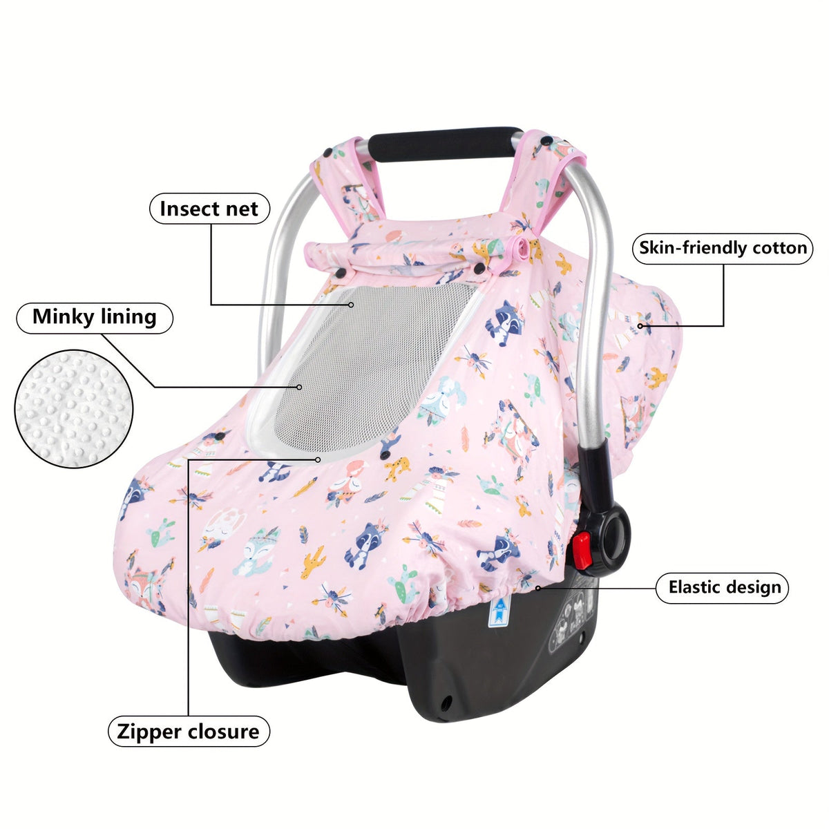 Baby Car Seat Cover, Minky a Zippered Mesh Window and Printed Outer Layer for Infant Carrier Outings