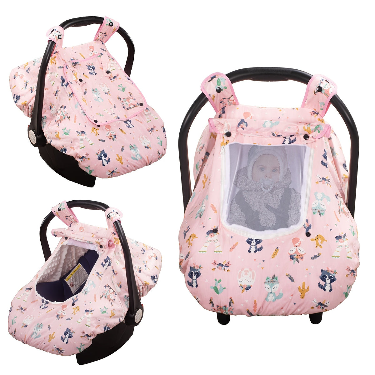 Baby Car Seat Cover, Minky a Zippered Mesh Window and Printed Outer Layer for Infant Carrier Outings