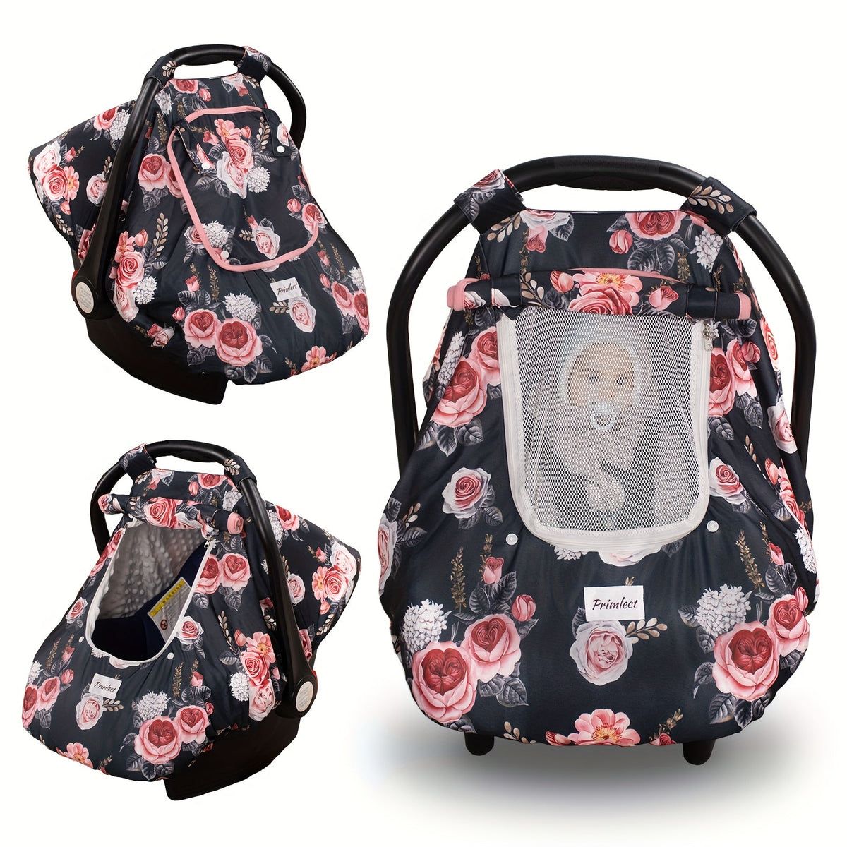 Baby Car Seat Cover, Minky a Zippered Mesh Window and Printed Outer Layer for Infant Carrier Outings