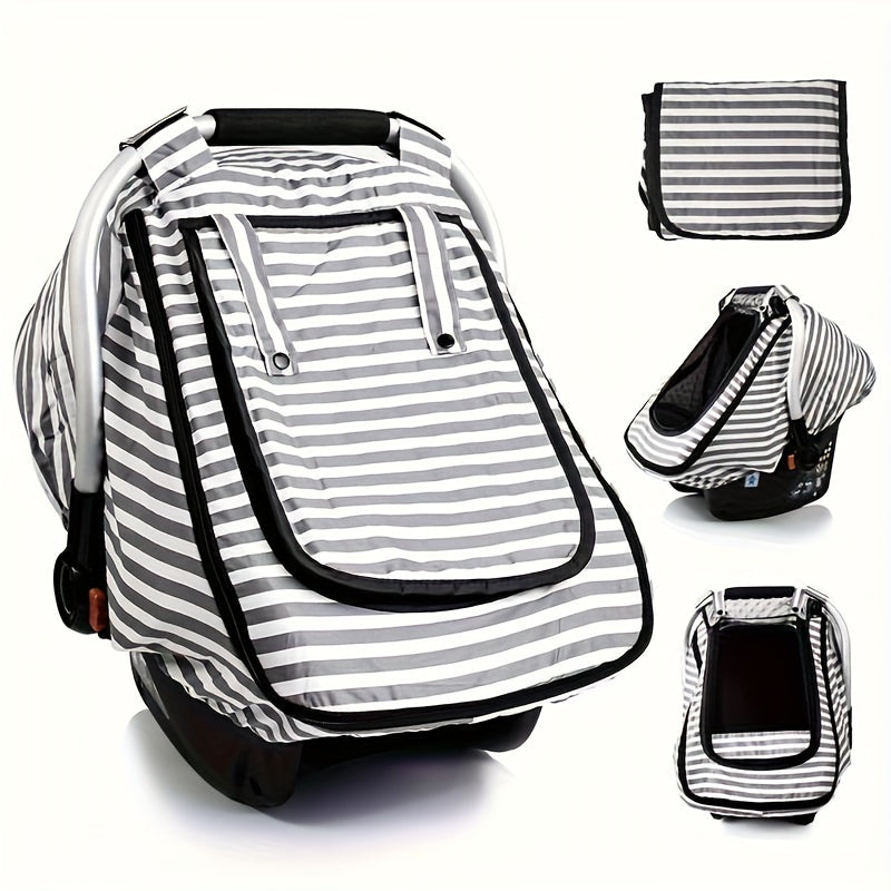 Grey Striped Baby Car Seat Cover with a Roll-Up Front Panel and Mesh Window for Infant Carrier Outings