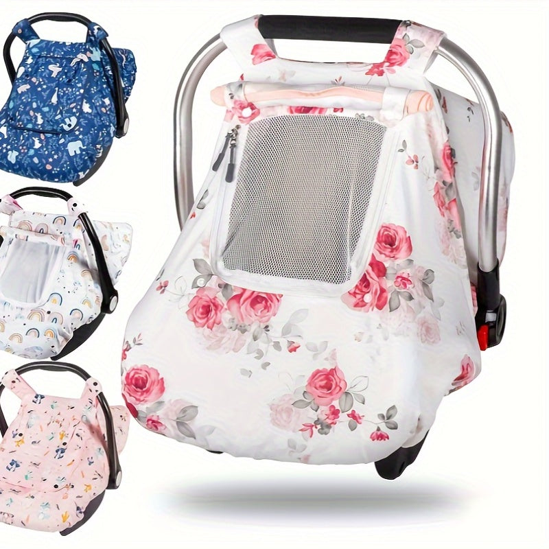 Printed Baby Car Seat Canopy with a Roll-Up Front and Mesh Window for Easy Viewing and Carrier Access