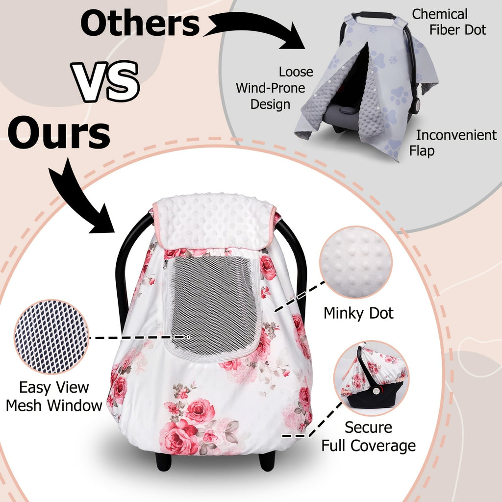 Printed Baby Car Seat Canopy with a Roll-Up Front and Mesh Window for Easy Viewing and Carrier Access