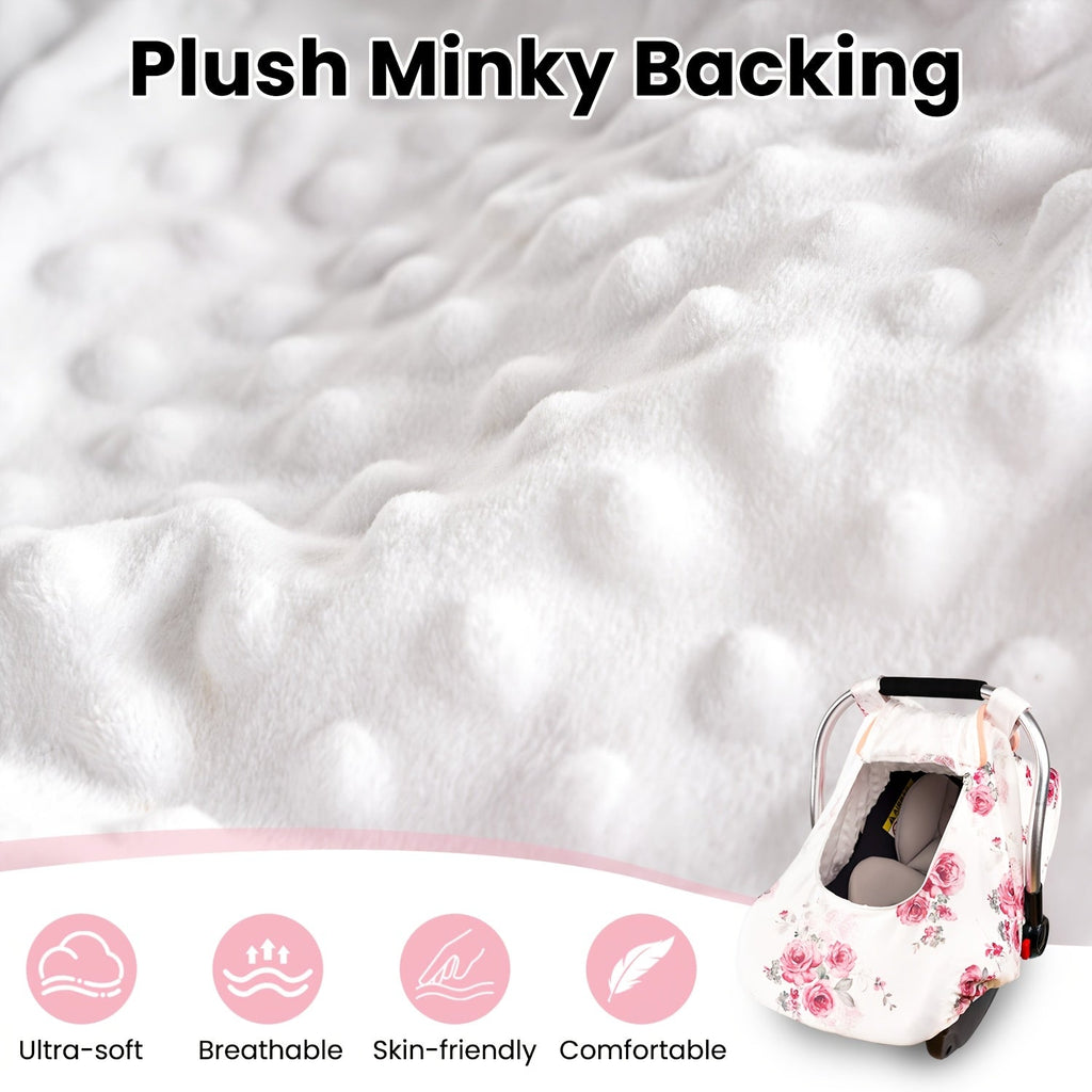 Printed Baby Car Seat Canopy with a Roll-Up Front and Mesh Window for Easy Viewing and Carrier Access