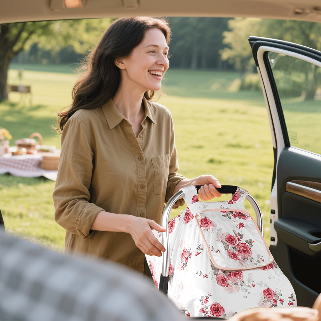 Printed Baby Car Seat Canopy with a Roll-Up Front and Mesh Window for Easy Viewing and Carrier Access