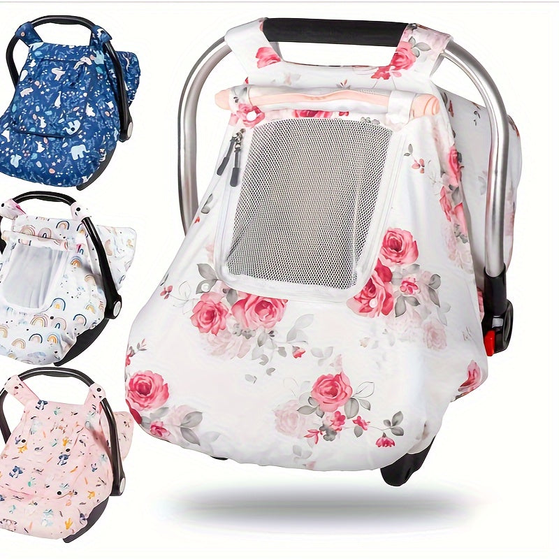 Printed Baby Car Seat Canopy with a Roll-Up Front and Mesh Window for Easy Viewing and Carrier Access