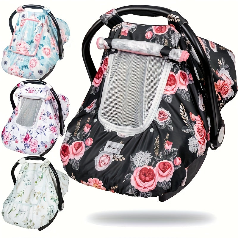 Baby Car Seat Cover with a Mesh Viewing Window and Roll-Up Front Panel in Floral and Animal Prints
