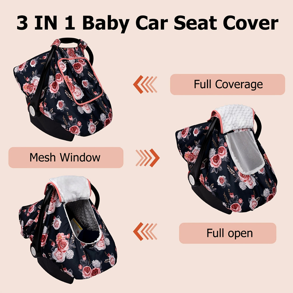 Baby Car Seat Cover with a Mesh Viewing Window and Roll-Up Front Panel in Floral and Animal Prints