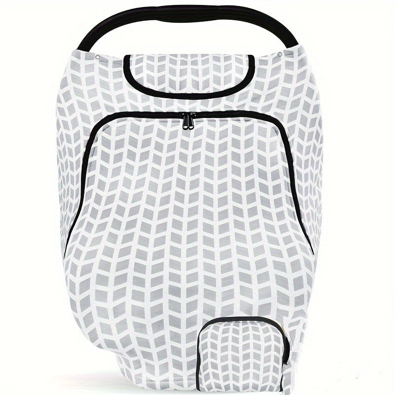Baby Car Seat Canopy in Gray and White Geometric Print with Zip-Open Front Window and Carry Handle Opening