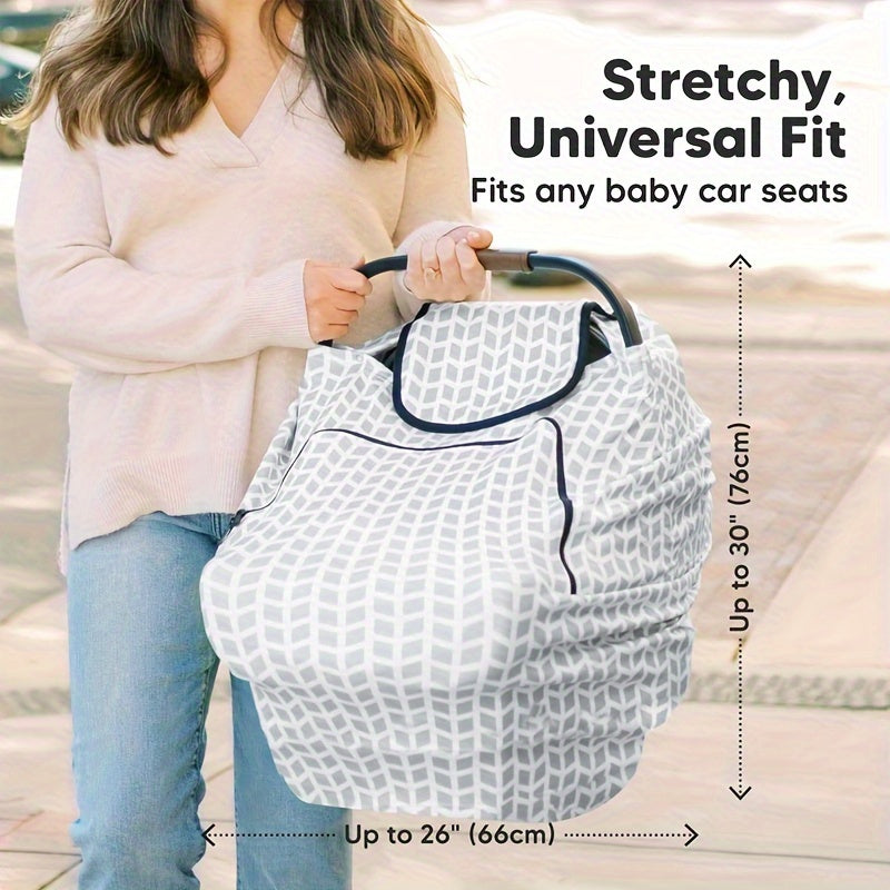 Baby Car Seat Canopy in Gray and White Geometric Print with Zip-Open Front Window and Carry Handle Opening