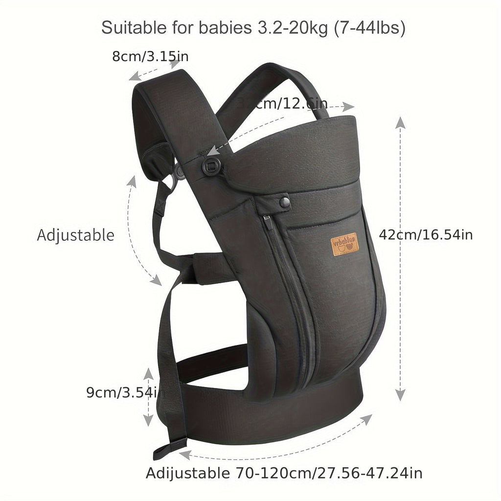 Baby Carrier with Wide Shoulder Straps and a Front Zip Pocket in Black or Dark Gray for Everyday Carrying