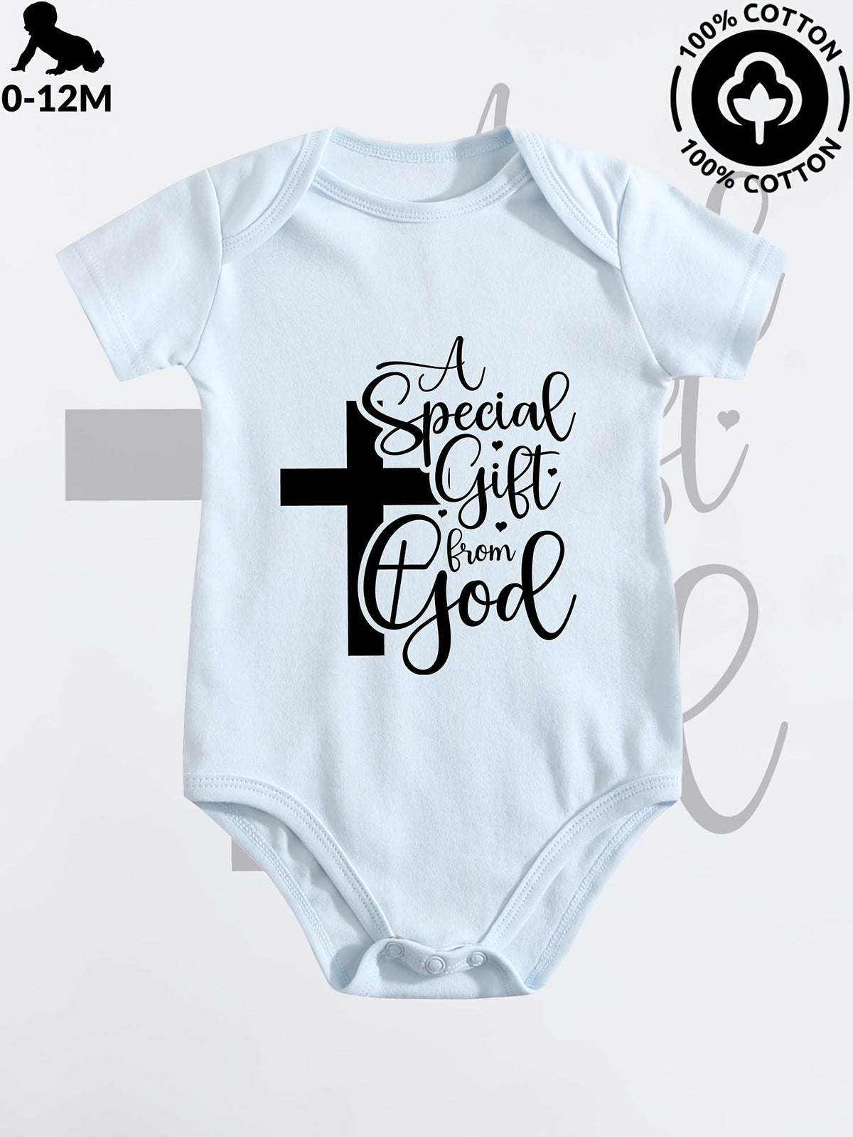 Baby A Special Gift from God Cotton Bodysuit in Blue with Short Sleeves and Snaps for Daily Changes