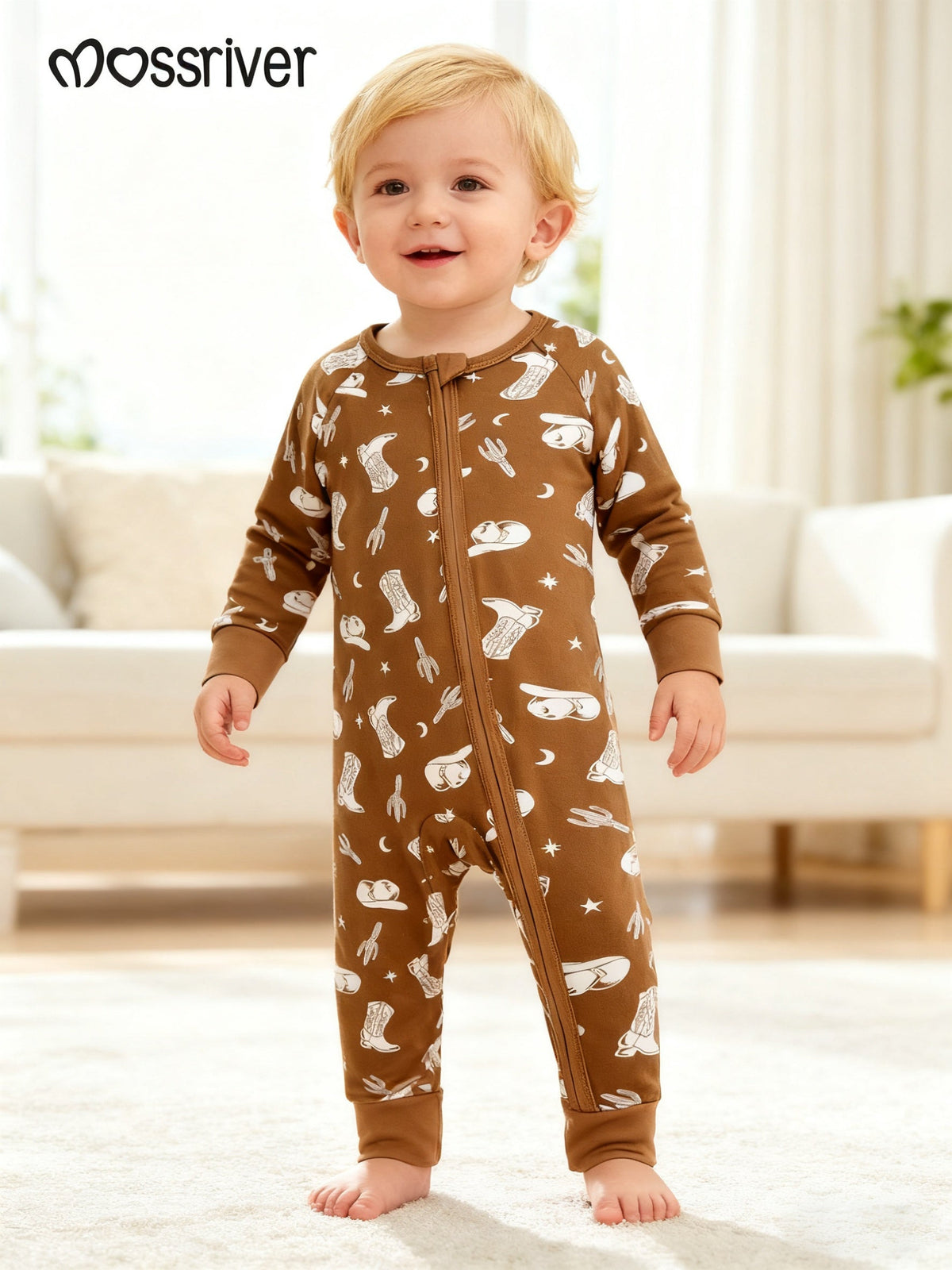 Baby Cowboy Print Romper in Coffee Brown with a Front Zipper and Long Sleeves for Everyday Outfits