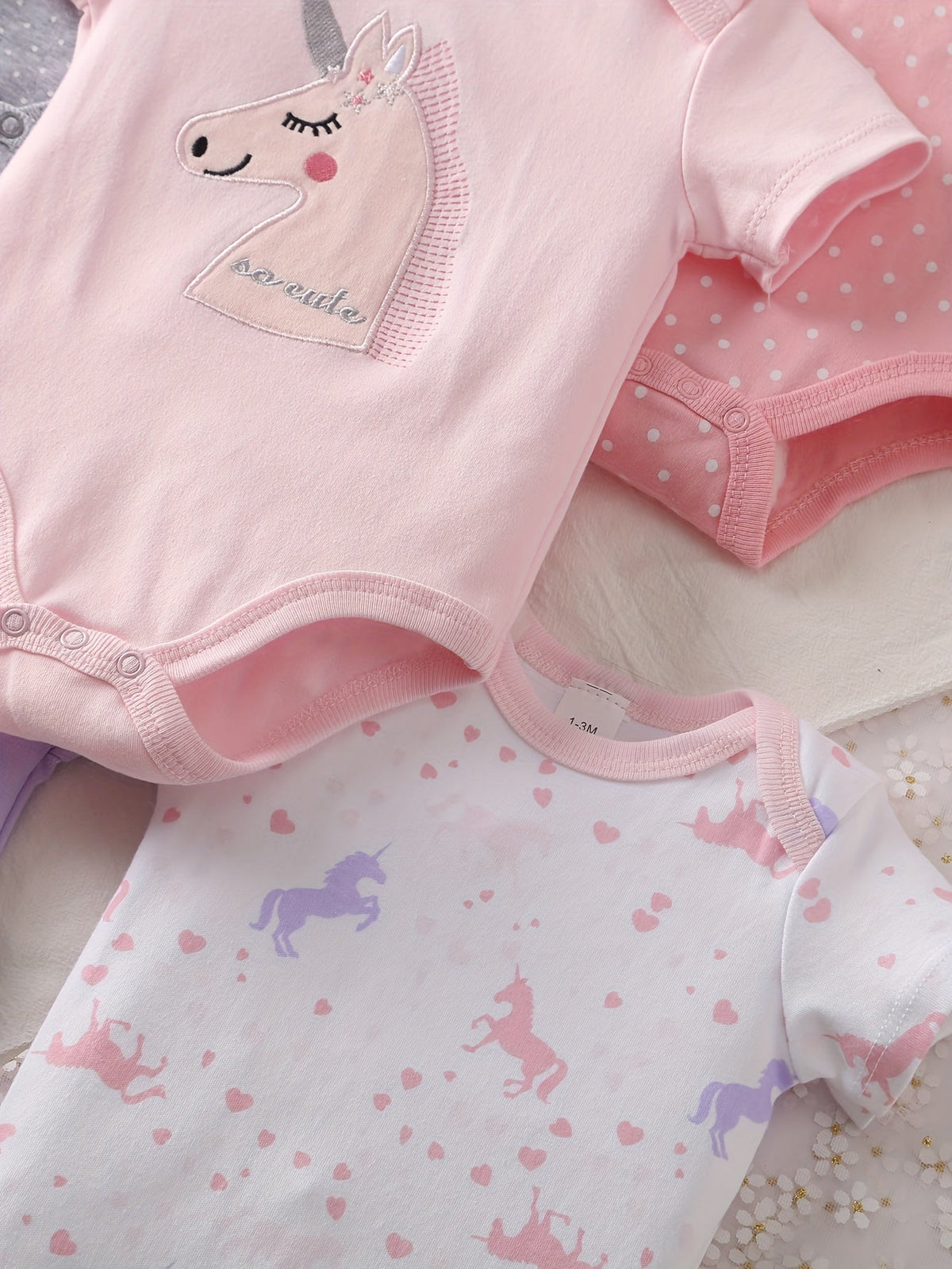 Baby Unicorn Bodysuits 5-Pack with Short Sleeves and Crotch Snaps in Pastel Prints for Everyday Outfits