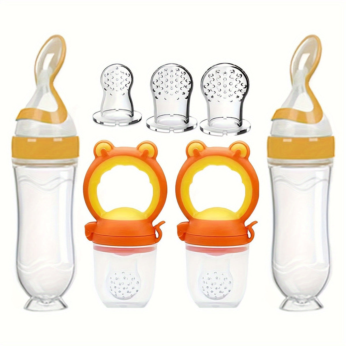 Baby Food Feeder Set of Seven Pieces with Squeeze Spoon Bottles and Handled Feeders for Supervised Feeding