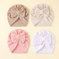 Baby Girl Bow Turban Hats Four Pack in Ribbed Neutral and Pink Colors for Coordinated Everyday Outfits