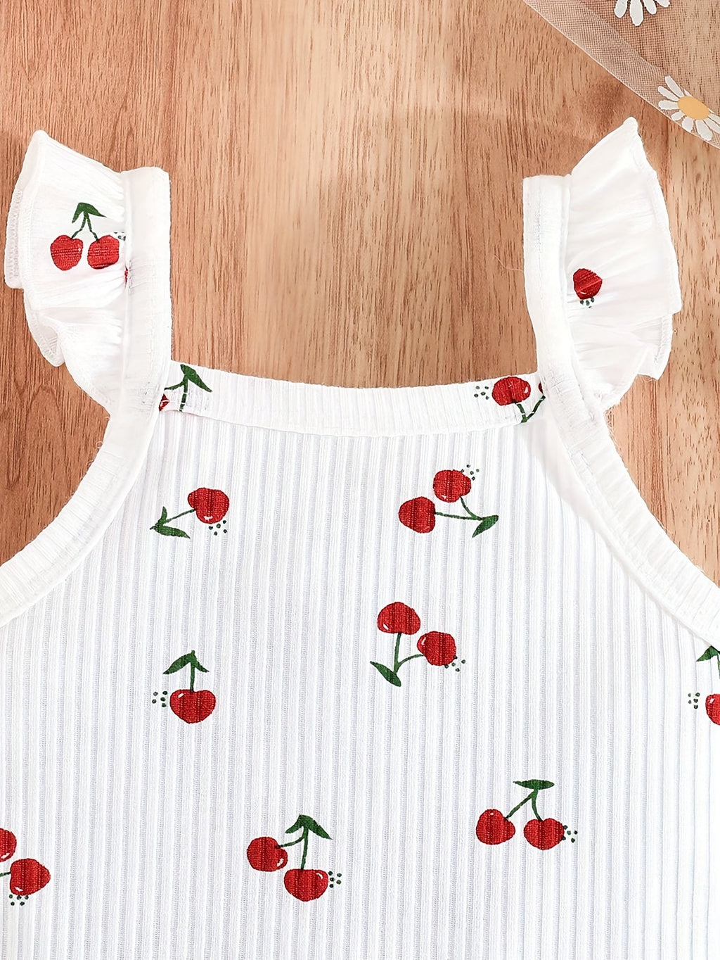 Baby Girl Cherry Outfit Set with a Ruffle Strap Bodysuit and Bow Shorts in White for Spring and Summer