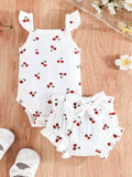 Baby Girl Cherry Outfit Set with a Ruffle Strap Bodysuit and Bow Shorts in White for Spring and Summer